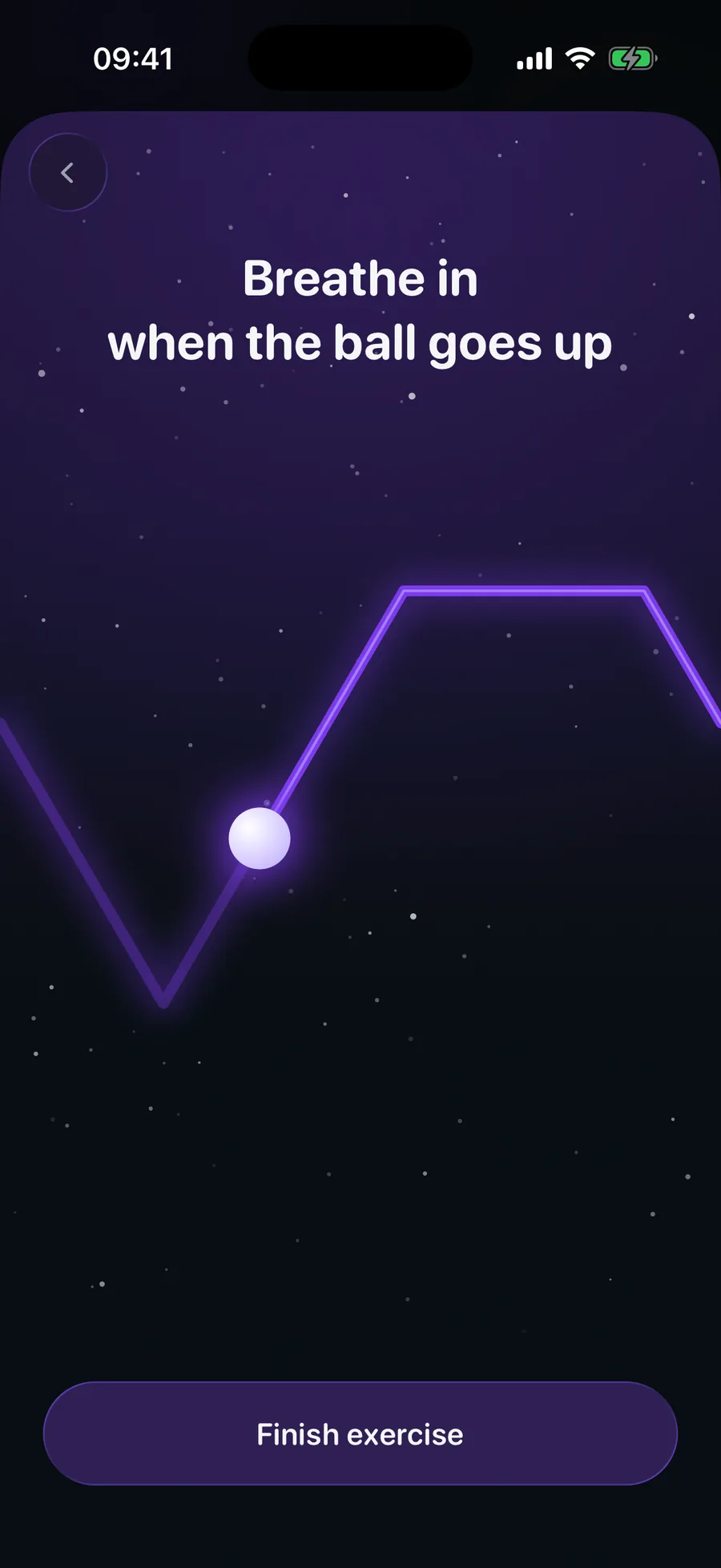 The BRAKR breathing exercise: a glowing ball rising along a violet path under the words Breathe in when the ball goes up.
