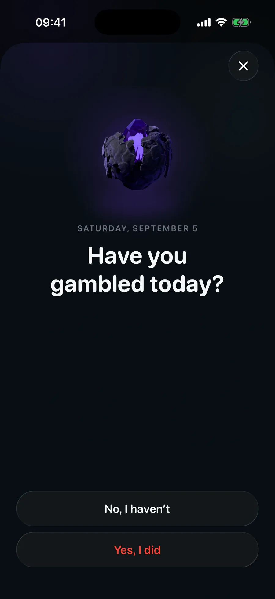 The BRAKR daily check-in asking Have you gambled today, with the answers No, I haven't and Yes, I did.