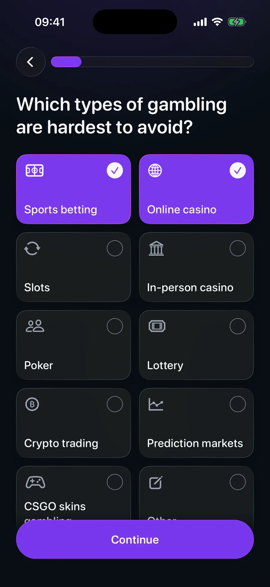 A BRAKR setup question, Which types of gambling are hardest to avoid, with sports betting and online casino selected.