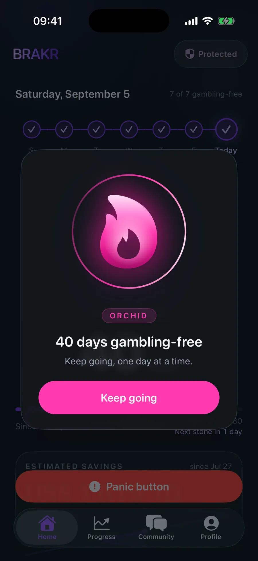 A BRAKR milestone card named Orchid celebrating 40 days gambling-free, with a Keep going button.