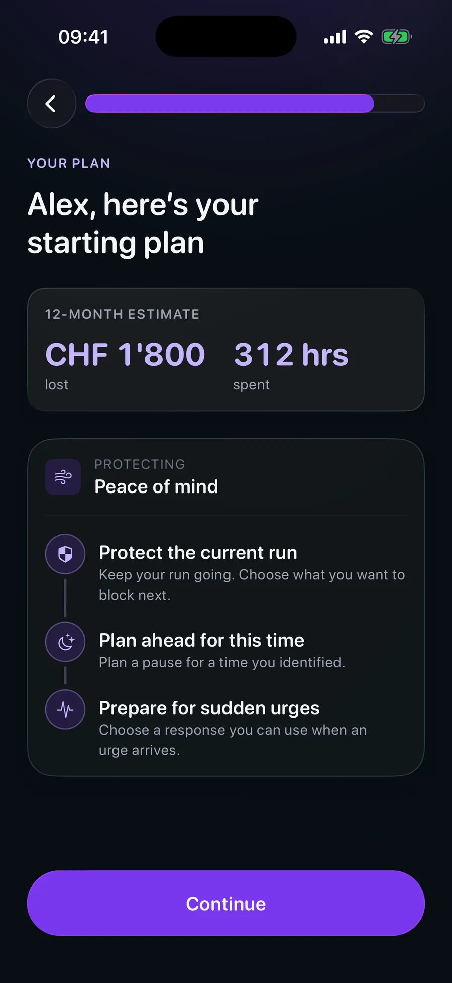 A BRAKR starting plan for Alex: a 12-month estimate and three next steps, protect the current run, plan ahead, prepare for sudden urges.