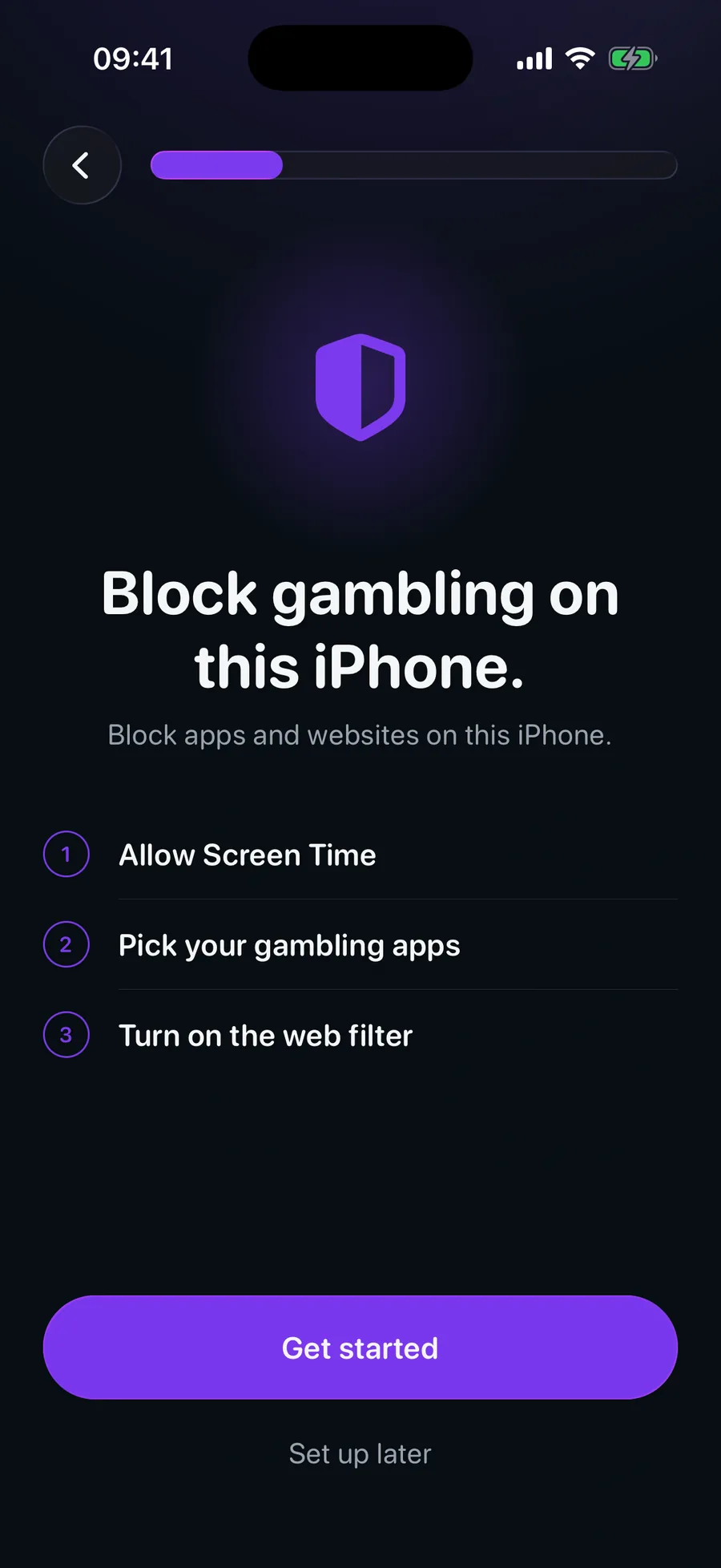 A BRAKR screen headed Block gambling on this iPhone, with three steps: allow Screen Time, pick your gambling apps, turn on the web filter.