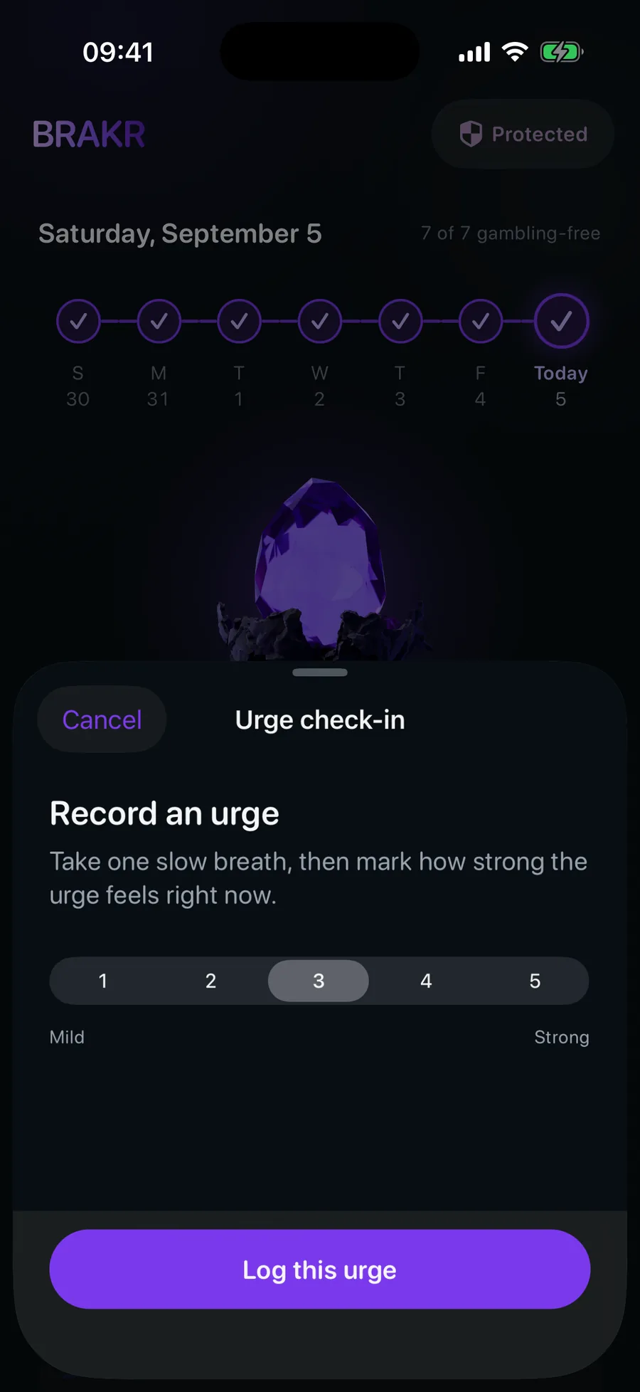 The BRAKR urge check-in sheet, Record an urge, with a scale from mild to strong and a Log this urge button.